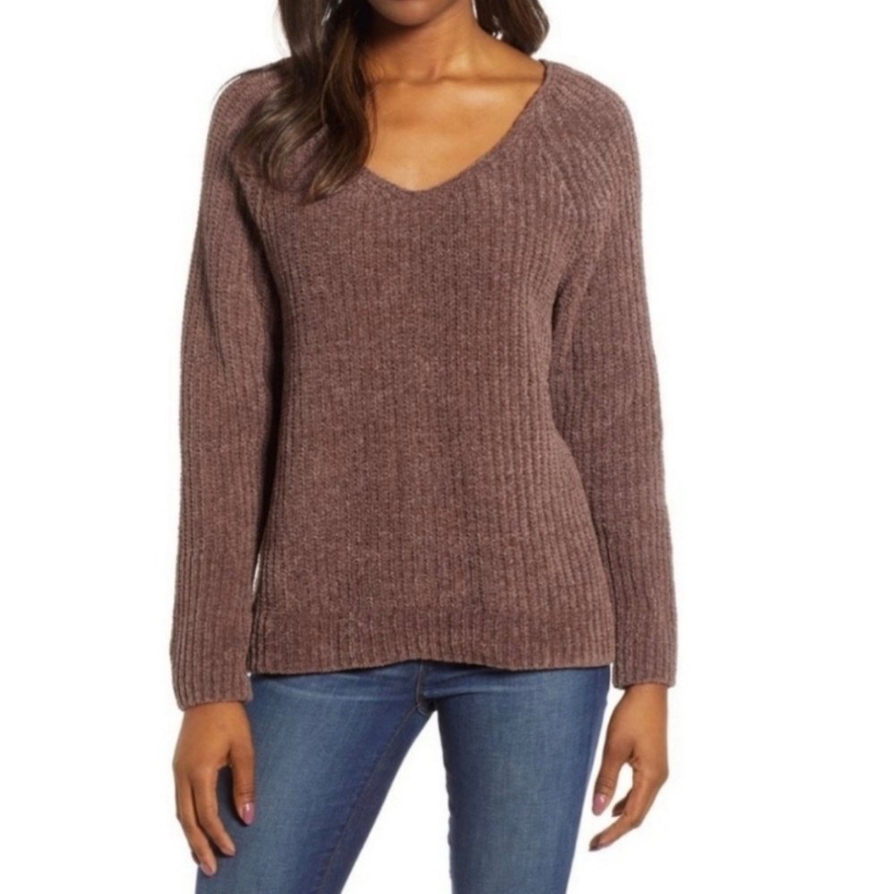Lucky Brand Chenille Knit Boxy V-Neck Oversized Taupe Sweater Women's Si…